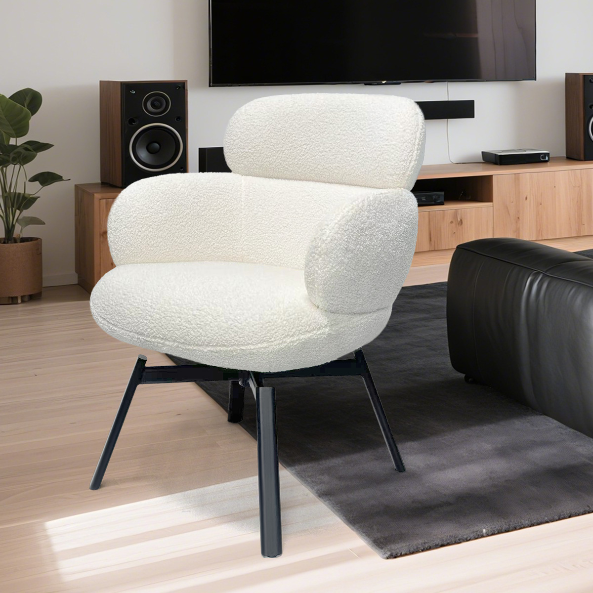 Moderná biela bouclé/plyšová fleece tkanina Swivel Lounge Sedule s mimoriadne širokým sedadlom a kovovými nohami