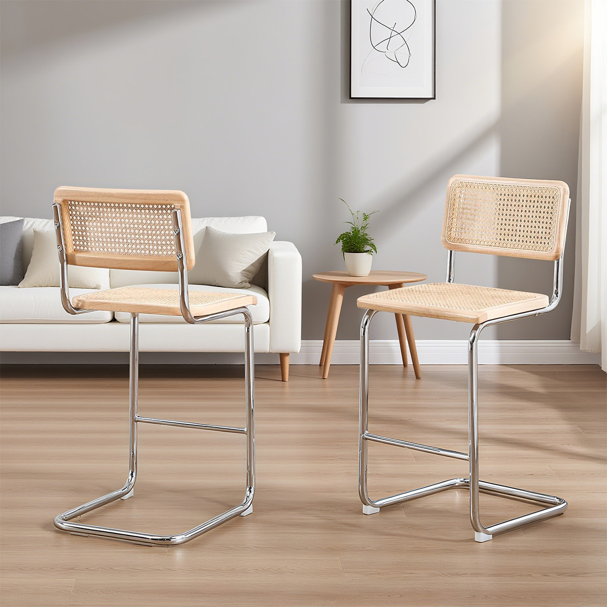 Stolica Modern Rattan Conlyver Counter-Prírodná trstina a sedadlo s chrómovým kovovým rámom v polovici storočia