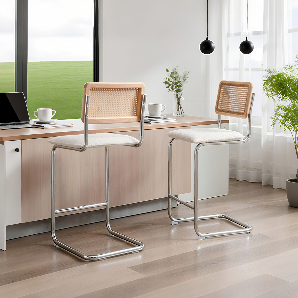 Rattan back boucle bar bar s chrómovanou konzolovou základňou-Moderné stoličky v polovici storočia